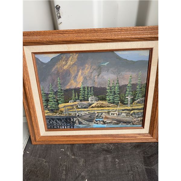 Framed Landscape Painting of Mountain, Boats, and Totem, Frame 18x15.5 Image 11x14
