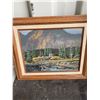 Image 1 : Framed Landscape Painting of Mountain, Boats, and Totem, Frame 18x15.5 Image 11x14