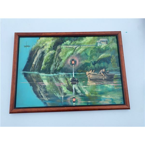 Original Paul Lalande 2001 Framed Fishing Scene Painting 21.5x15.5"