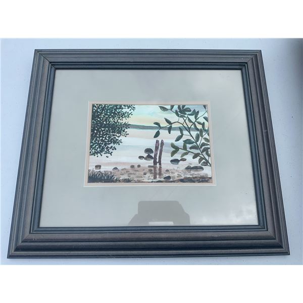 Framed Watercolour Lake Shore Painting Signed 10x7 in (Frame 20.5x17.5 in)