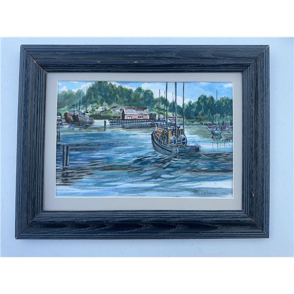 Framed Harbour Scene Watercolour Painting, 11x7, Signed
