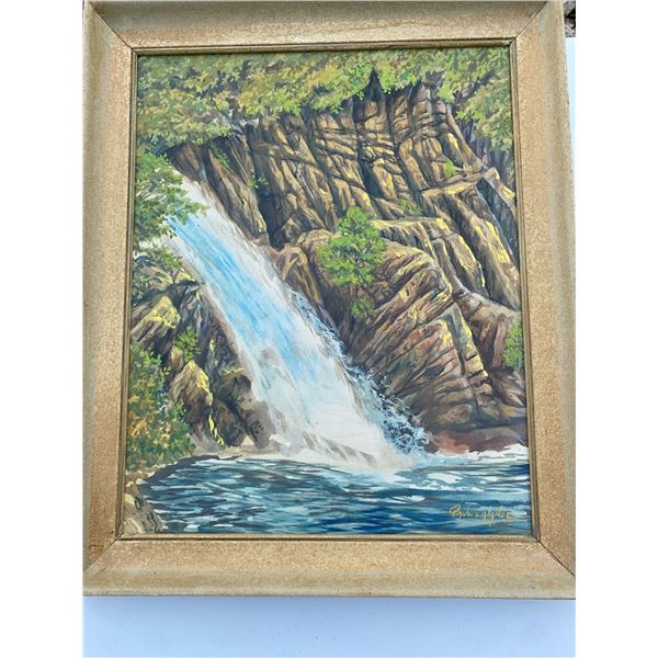 Paul Lalande 2001 Waterfall Landscape Painting, Framed 23x19 in