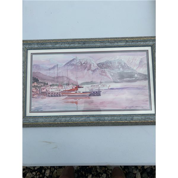 Paul Lalande 1998 Framed Harbour Watercolour, 24x14 Frame