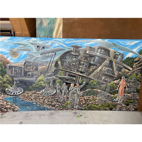 Paul Lalande 48”x25” Sci-Fi Spaceship and Astronauts Painting