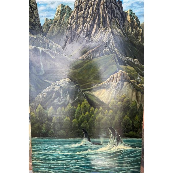 Paul Lalande Mountain Landscape Painting with Orcas, 48”x30”