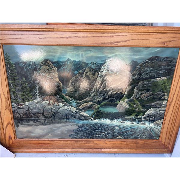 Paul Lalande Mountain Landscape Painting With Cougar, 57x39 Frame