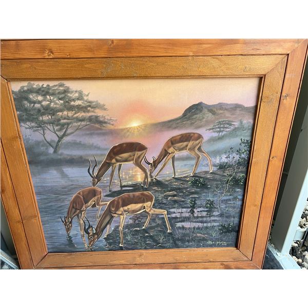 Paula Lalande 2002 Painting of Antelope at Watering Hole, 35.5x31, Framed 46.6x41.5