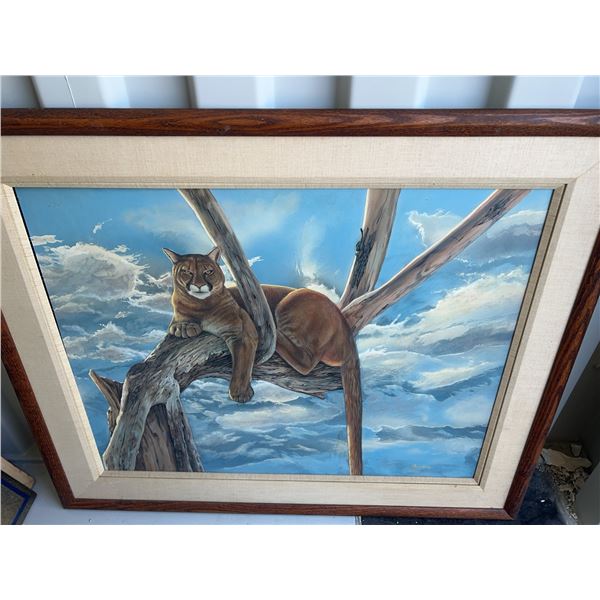Paul Lalande 1985 Cougar Painting, 37.5x30 in, Framed 48x40.5 in