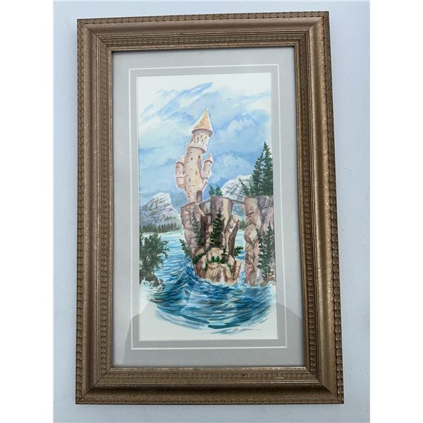 Paul Lalande Framed Castle Landscape Watercolour Painting 16x8.5"