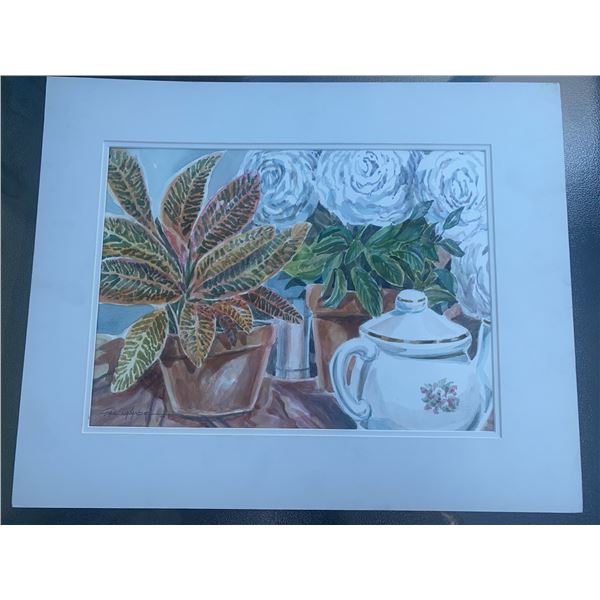 Paul Lalande Still Life Watercolour, Plants and Teapot, 20x16 Frame