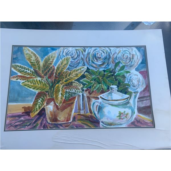 Paul Lalande Still Life Painting With Plants and Teapot, Framed 25x17"