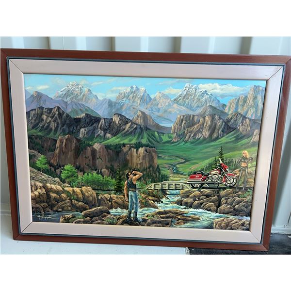 Paul Lalande Signed Painting With Motorcycle Scene, 35”x23.5”