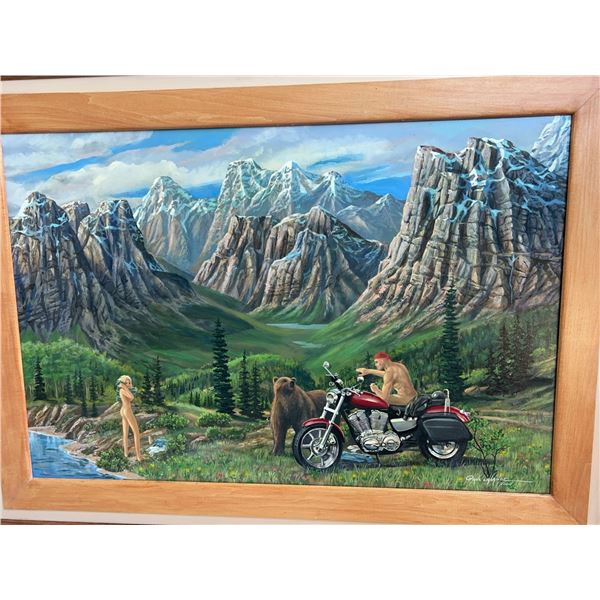 Paul Lalande 2004 Painting, Motorcycle Scene, 35.5x24 in, Framed