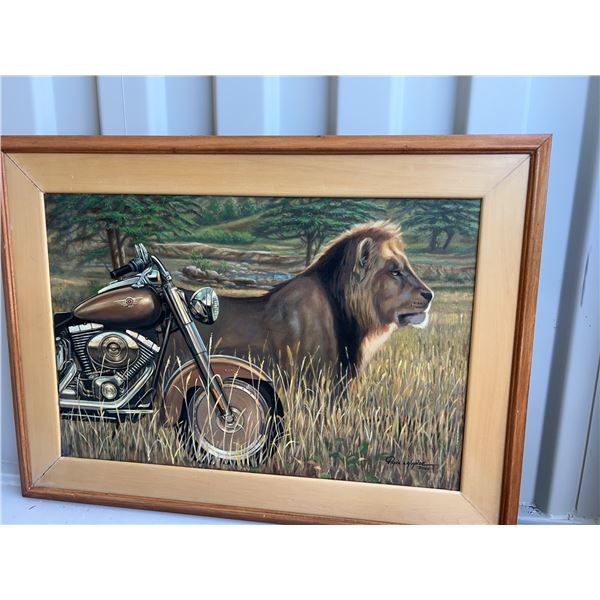 Paul Lalande 2004 Painting With Lion and Motorcycle, 35.5x24”