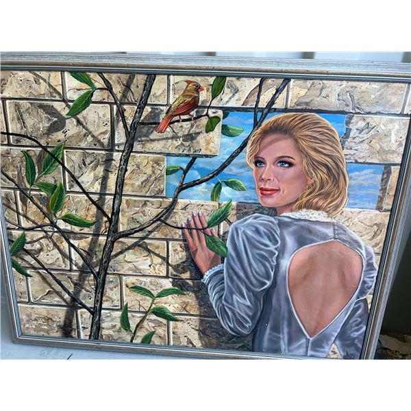 Paul Lalande Original Woman and Cardinal Painting 48x37.5” Framed