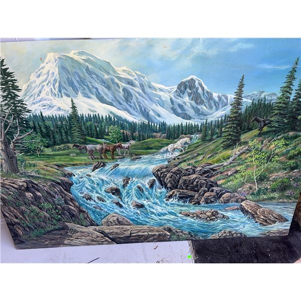 Paul Lalande Mountain Landscape Painting with Horses, 50” x 33.5”