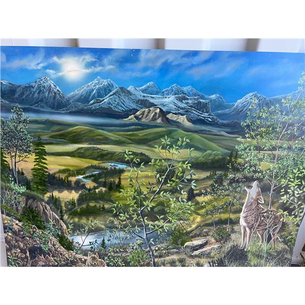 Paul Lalande Signed Painting, Wolves Howling Landscape, 42" x 34.5"
