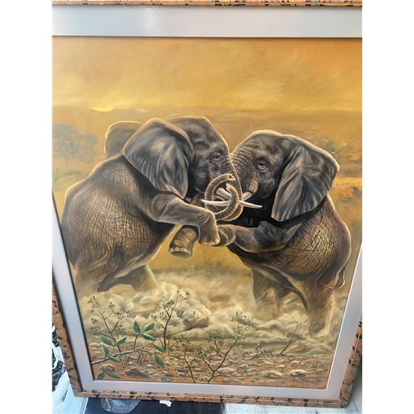 Original Elephant Oil Painting Signed 2002, Framed 42.5 x 55 in, Image 34 x 47.5 in