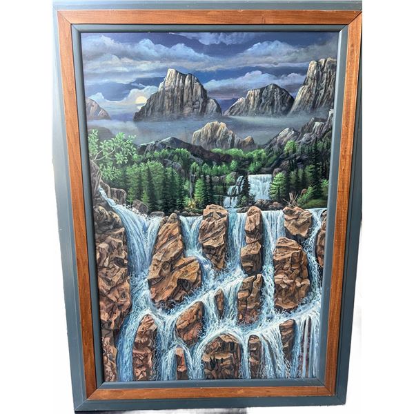 Paul Lalande Original Mountain Waterfall Landscape Painting 24”x35.5”