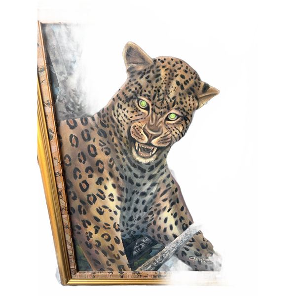 Paula Lalande 2002 Leopard Painting, 23"x36", Framed 29"x41.5"