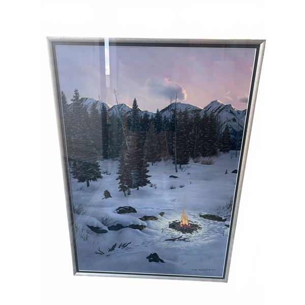 Tyler Thompson 1994 Signed Winter Campfire Landscape Painting, 21.5x31, Framed 42x33