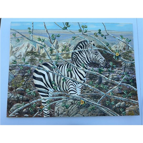 Zebra Landscape Painting Signed by Paul Lalande, 2003, 31x23 in