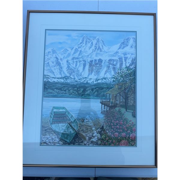 Framed Mountain Lake House Scene Print Signed Paul Lalande