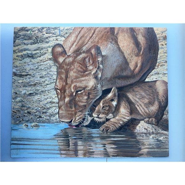 Paul Lalande 24x20 Painting of Lioness and Cub at Waterhole