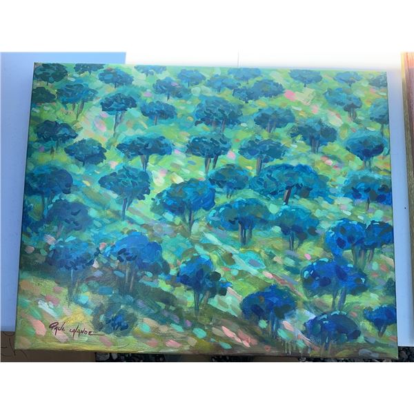Paul Lalande 28x22 Landscape Painting with Blue Trees