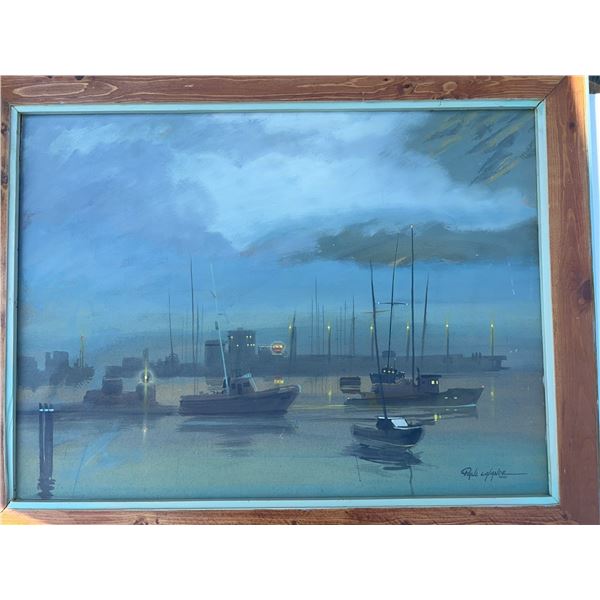 Paul Lalande 2001 Signed Harbour Scene Painting With Frame