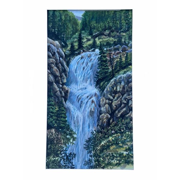 Original Signed Waterfall Landscape Painting by Paul Lalande, 17.5”x9.5”