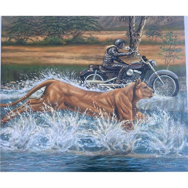 Paul Lalande 2000 Painting, Lioness and Motorcyclist, 30 x 25.5 in