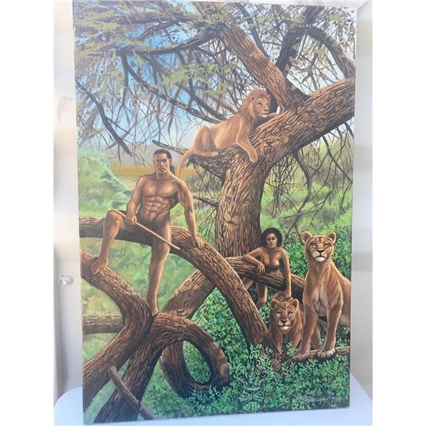 Paul Lalande 2002 Original Jungle Scene Painting, 24 x 36 Inches