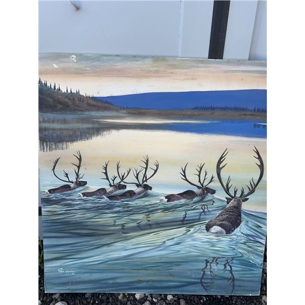 Paul Lalande 1986 Original Acrylic Painting, Caribou Crossing Lake, 31x32”