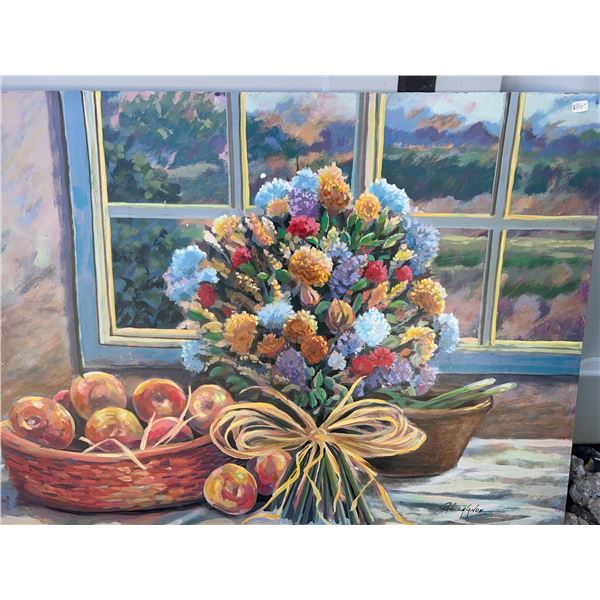 Paul Lalande 32”x24” Still Life Painting With Flowers and Apples