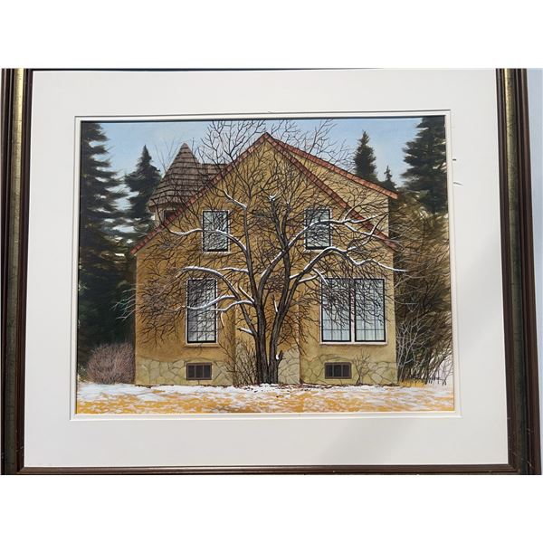 Framed Winter Landscape Painting With House, 20"x16" Artwork, 24.5"x28.5" Frame
