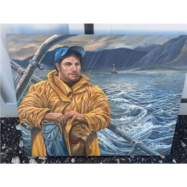Paul Lalande 2013 Painting, Fisherman and Dog, 37 x 29 Inches