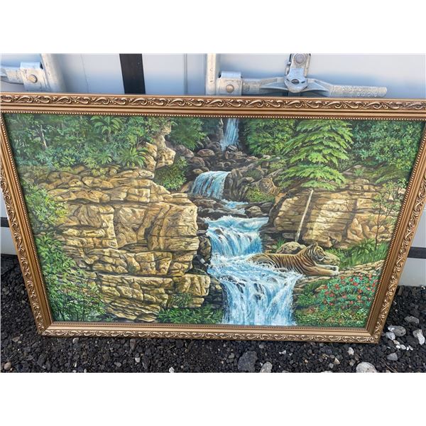Paul Lalande 2003 Framed Original Tiger Waterfall Painting, 27x39 Frame