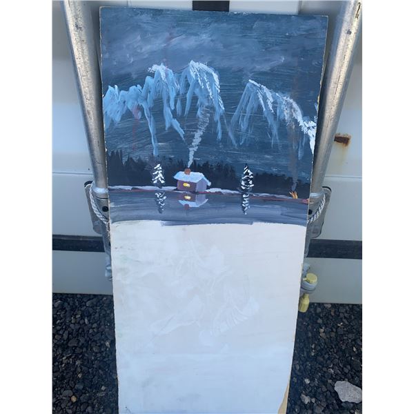 Double Sided Painting 25.5 x 11.5 in. Winter Cabin & Signed River Scene