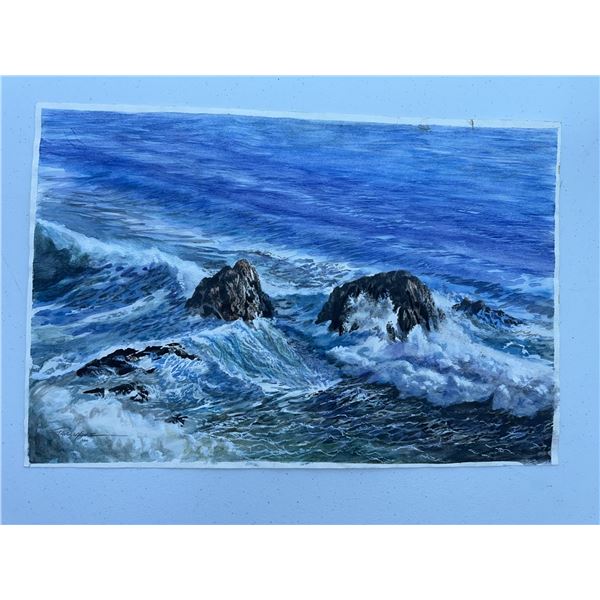 Paul Lalande 2000 Ocean Waves Watercolour Painting 18x12"