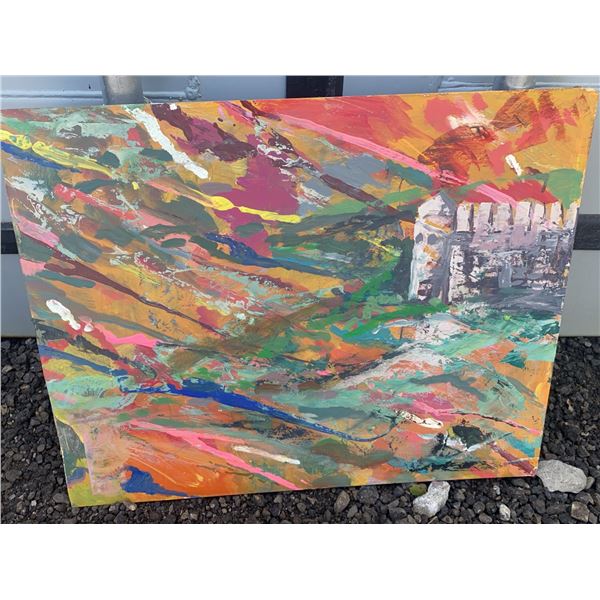 Abstract Landscape Painting With Building, 20 x 16 Inches
