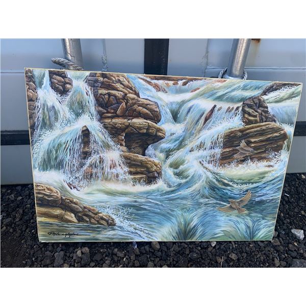 Original Waterfall Painting by Paul Lalande, 22 x 16 Inches