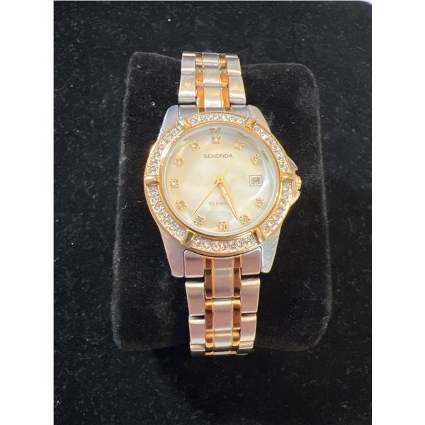 Sekonda Ladies Two-Tone Quartz Watch Mother of Pearl Crystal Bezel Date 50M