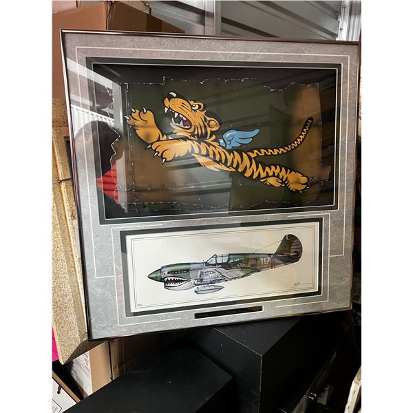 Flying Tigers shadow-box display, with intact glass and the signed/numbered 19/500 P-40E print