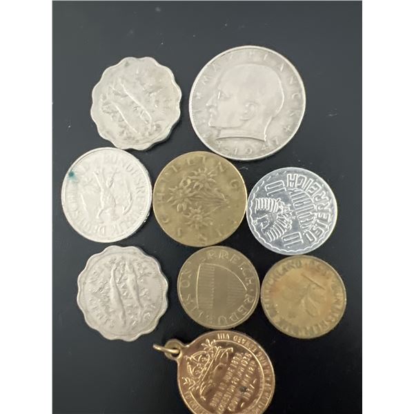 Mixed Lot of World Coins & Queen Elizabeth II Commemorative Pendant – Germany, Austria & Fo