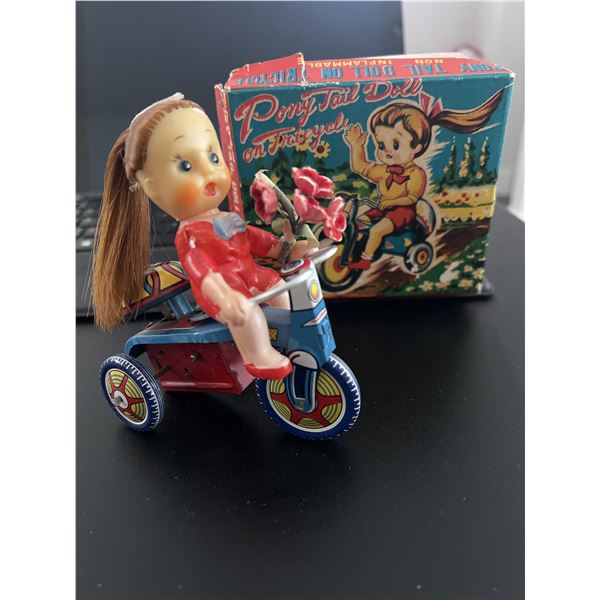 Vintage Pony Tail Doll on Tricycle Wind-Up Tin Toy with Original Box