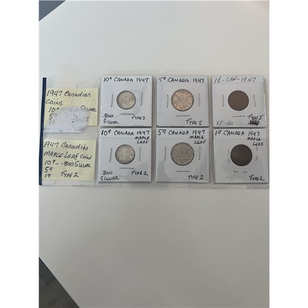 1947 Canada Coin Collection – Type 1 & Maple Leaf Type 2 – Silver 5¢ & 10¢, Large 