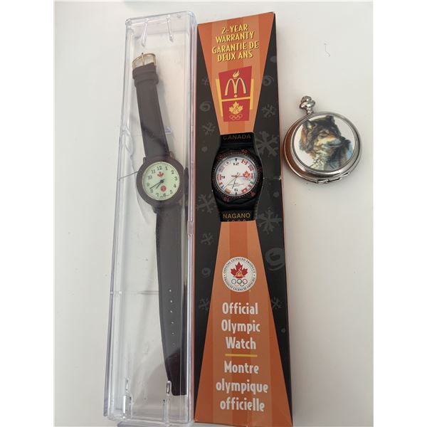 Lot of 3 Timepieces – Nagano 1998 Official Olympic Watch, Ladies Watch & Wolf Pocket Watch