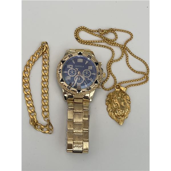 Lot of 3 Gold-Tone Fashion Accessories – Saigela Watch, Bracelet & Lion Pendant Necklace
