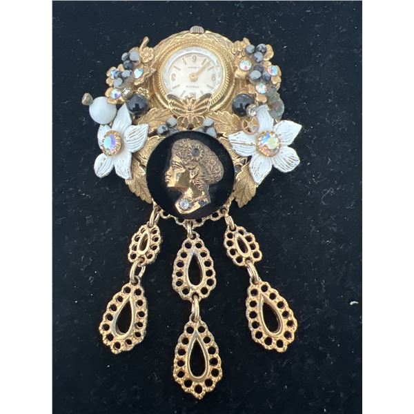 One-of-a-Kind Vintage Assemblage Brooch with Angra Swiss 17-Jewel Watch